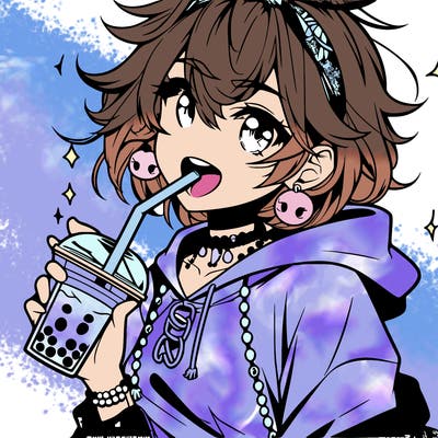 hot baddie anime girl drinking boba and biting the straw