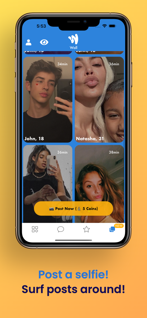 Wink – Date, Chat & Connect - A smartphone interface showing the Wink app wall feature where users can browse and post selfies to connect with people nearby