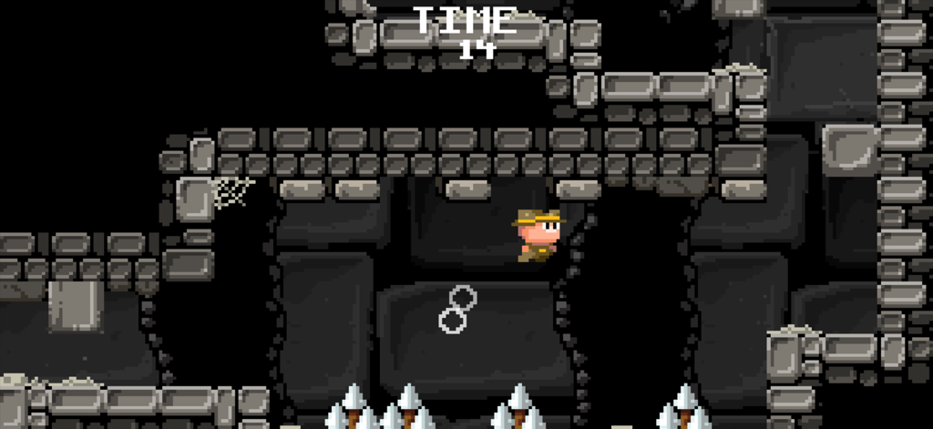 Gameplay a pixel art retro a 8-bit di Meganoid 2 che mostra un esploratore in un dungeon