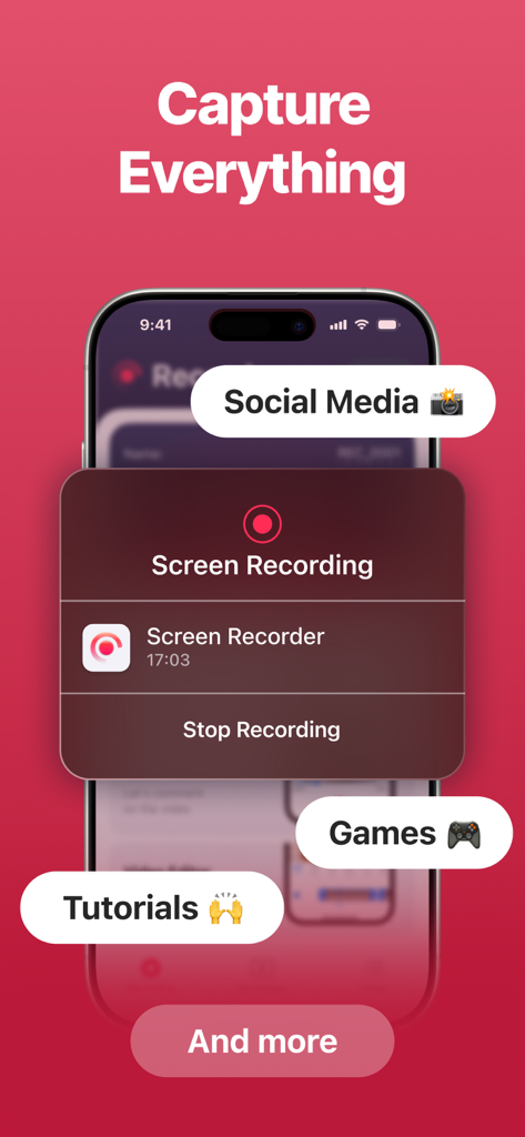 iPhone screen showing the Screen Recorder app menu with options for recording social media games and tutorials