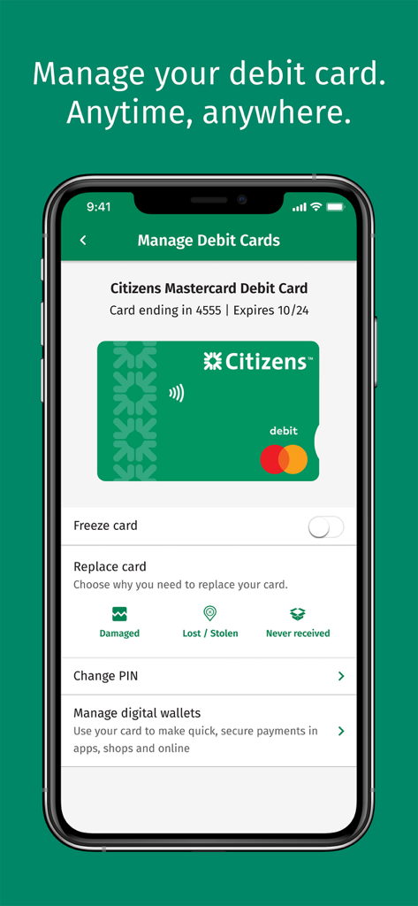 Citizens Bank mobile app interface showing debit card management features including freeze card and replace card options