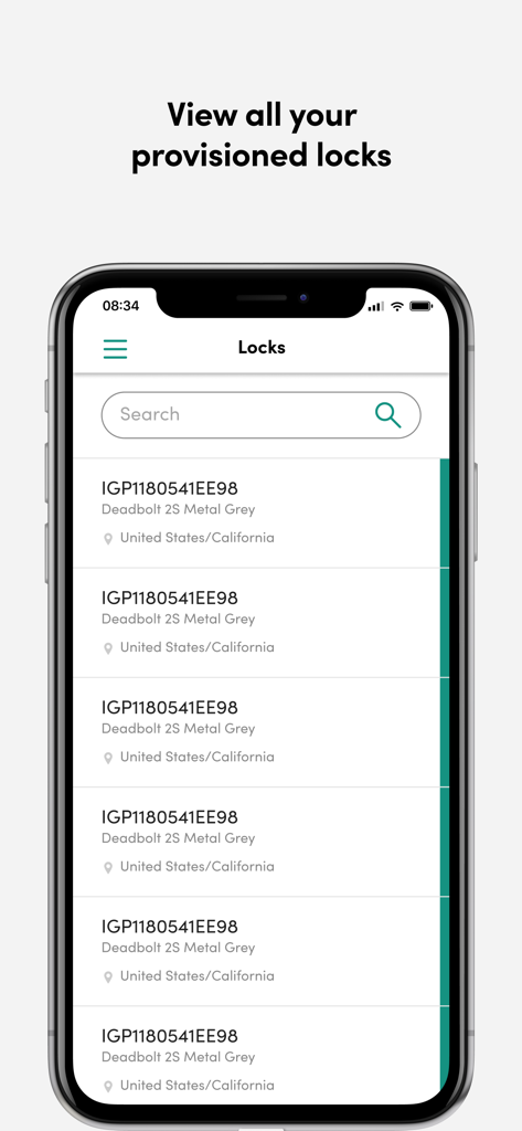 igloodeveloper - Mobile app interface displaying a list of provisioned smart locks with serial numbers and location details