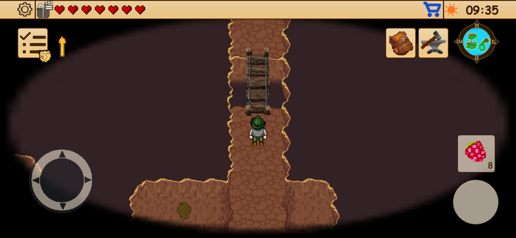 Survival RPG 1: Lost Treasure - Personagem de pixel art em 2D em frente a uma ponte de madeira em uma masmorra escura no Survival RPG 1 Tesouro Perdido.