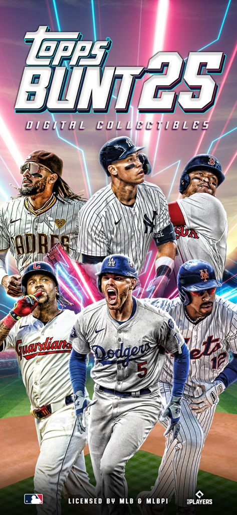 Topps® BUNT® MLB Card Trader - Topps BUNT 25 digital collectibles app cover featuring MLB stars from the Yankees Dodgers and Red Sox