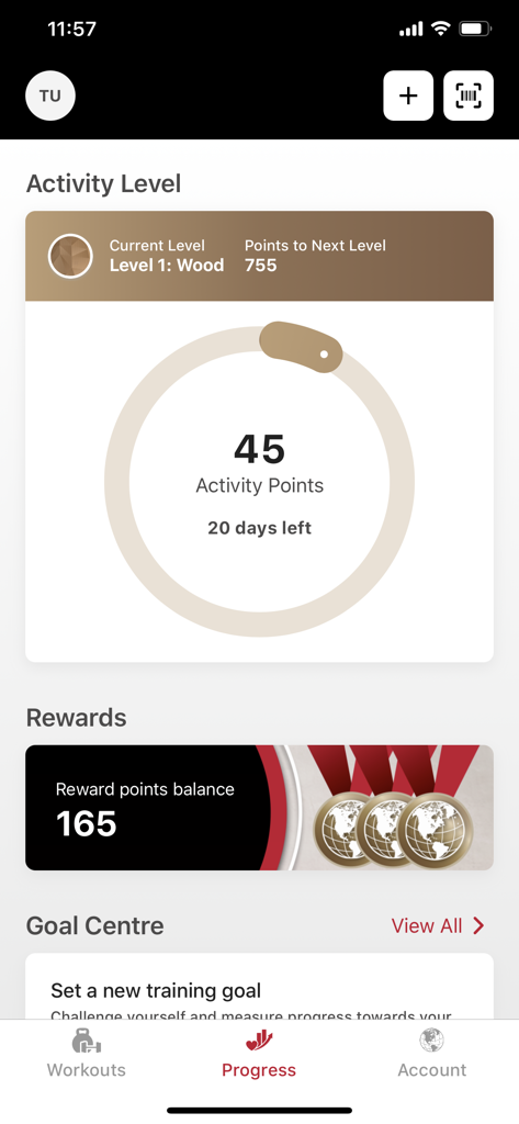 Tela de progresso do nível de atividade do aplicativo móvel World Gym exibindo pontos, recompensas e acompanhamento de metas