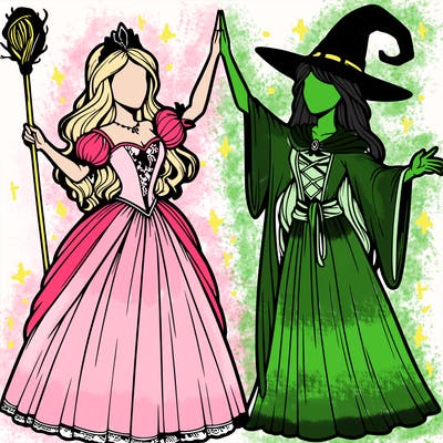 detailed realistic split of a princess and a witch