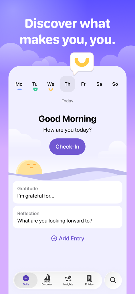 Interfaz de la aplicación de diario de autocuidado diario de Halo que muestra una pantalla de registro matutino con indicaciones de gratitud y reflexión