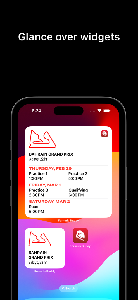 Formula Buddy - Formula Buddy app widgets displaying the Bahrain Grand Prix race schedule on an iPhone home screen