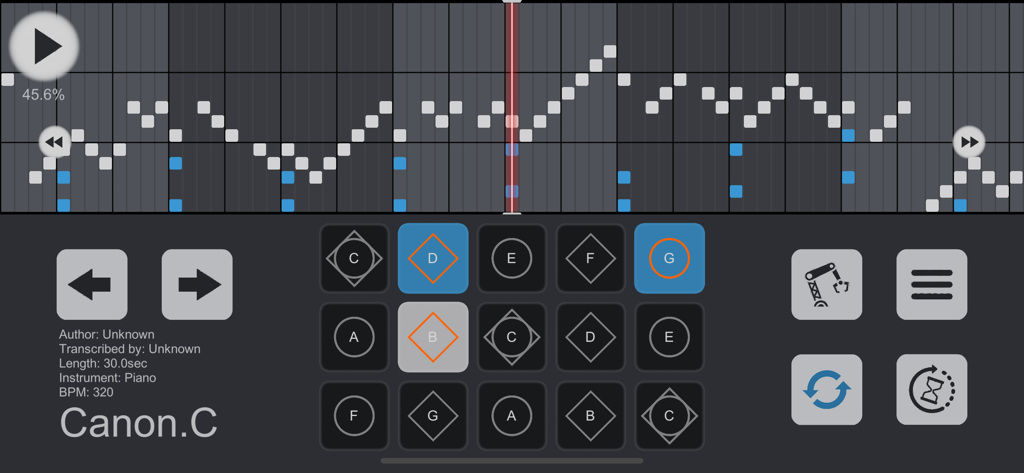 Sky Studio Übungsmodus-Oberfläche, die eine scrollende Zeitleiste von Noten für Canon in C und ein Gitter von Musiknoten zeigt.