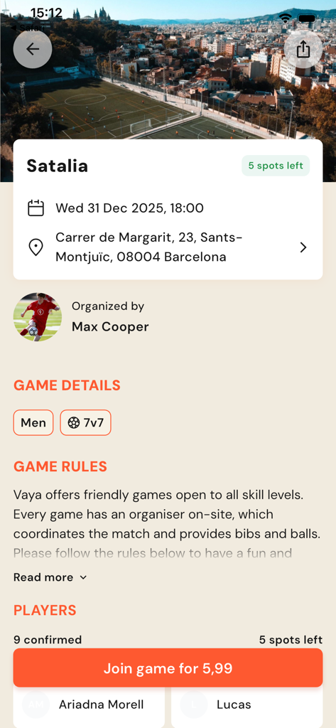 Vaya! - Mobile app screen showing football match details in Barcelona with location time and a button to join for five ninety nine