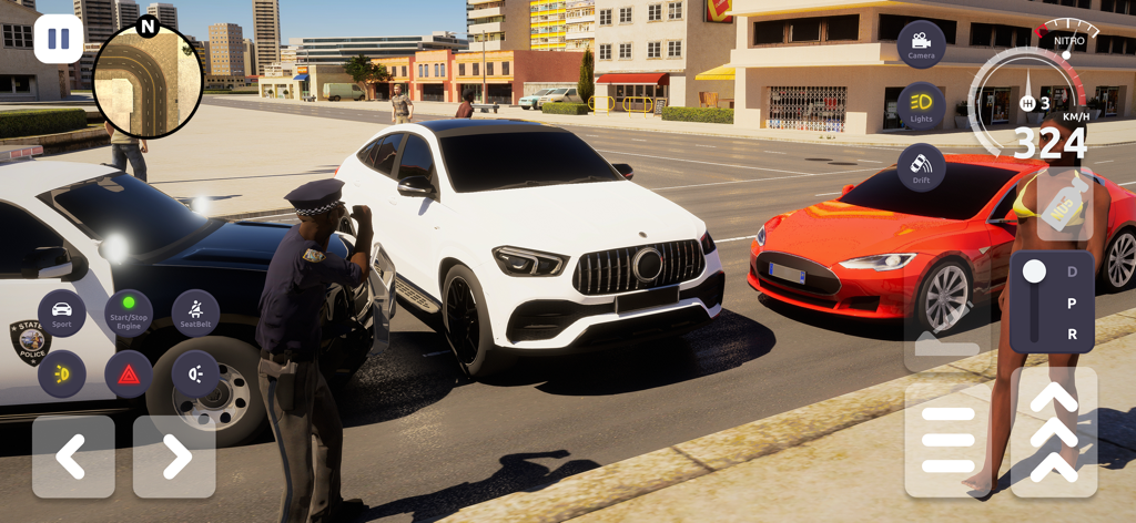 3D Suv Car Driving Simulator - Gameplay screenshot of 3D SUV Car Driving Simulator showing a white SUV and a police car on a city street