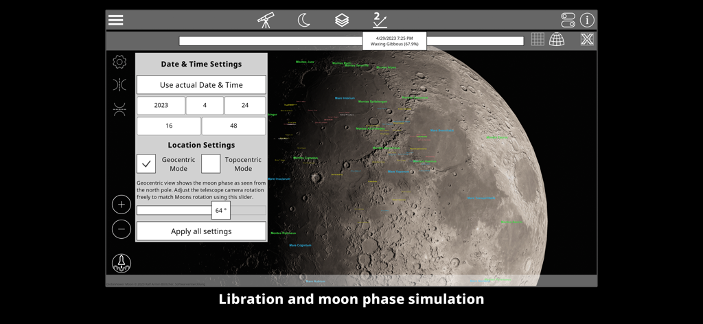 GlobeViewer Moon PRO - GlobeViewer Moon PRO interface showing libration and moon phase simulation settings