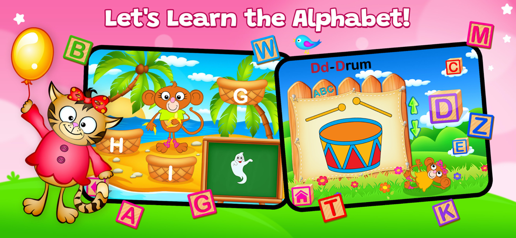 123 Fun GAMES Top Educational - Pantalla interactiva de aprendizaje del alfabeto para niños con personajes de dibujos animados coloridos y minijuegos basados en letras