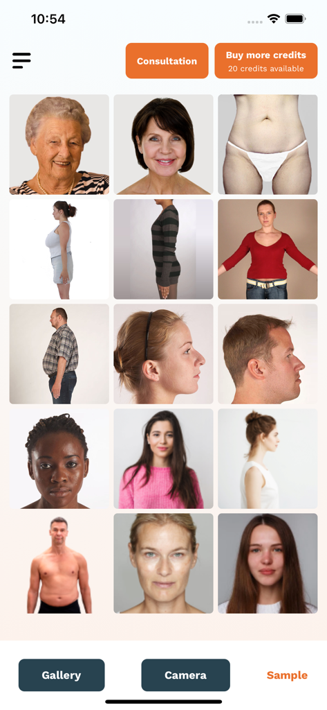Una galleria di ritratti e profili corporei di esempio nell'app del simulatore di chirurgia plastica FaceTouchUp.
