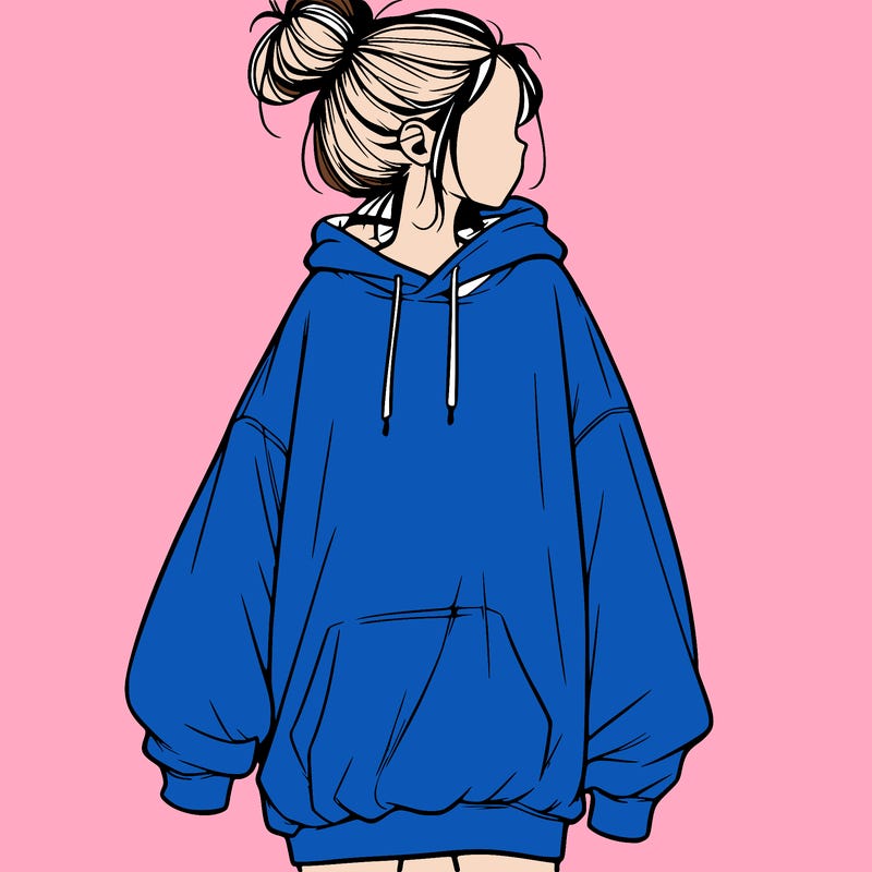 realistic girl with a oversized sweatshirt on and a bun