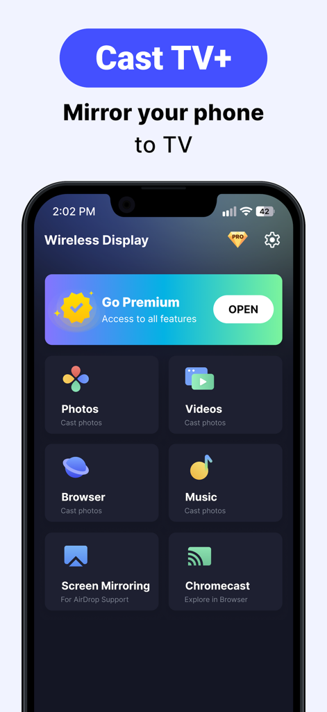Wireless Display Adapter - Menu principal de l'application Wireless Display Adapter avec des tuiles pour diffuser des photos, des vidéos et la mise en miroir d'écran.