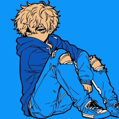 a male hoddie ripped jeans messy hair anime