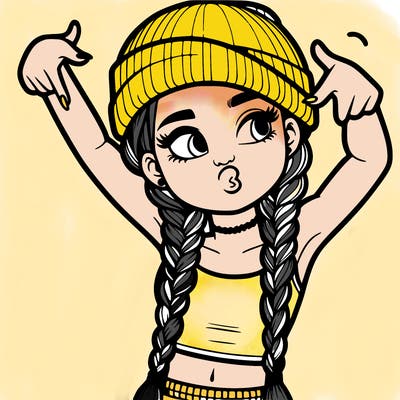 realistic teenage girl with braids and a beanie and crop top doing 🫶🏼