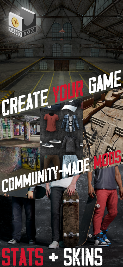 True Skate - Captura de tela do jogo True Skate mostrando mods feitos pela comunidade, skins de personagens e criação de jogos personalizados no modo sandbox.