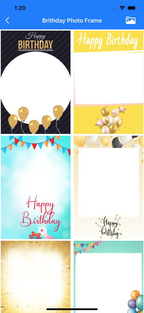 Happy Birthday Card Maker. - Selection of customizable birthday photo frame templates with balloons and festive designs