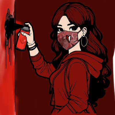 realistic girl with mask spray painting a wall