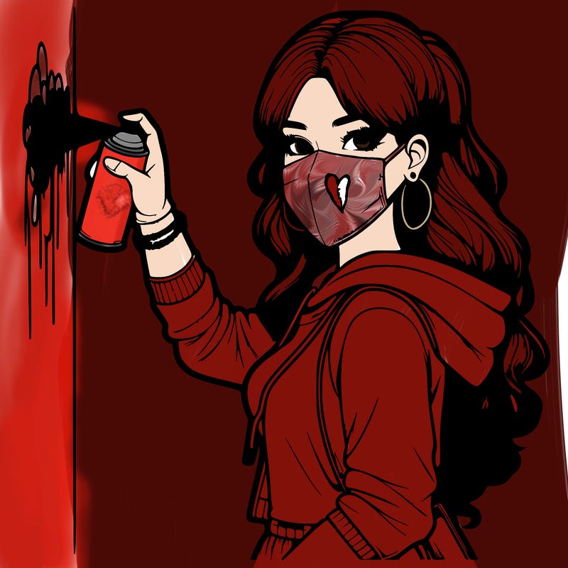 realistic girl with mask spray painting a wall