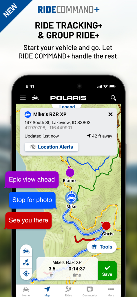 Polaris® - Polaris app screen showing off-road trail navigation and group ride tracking features with real-time location alerts