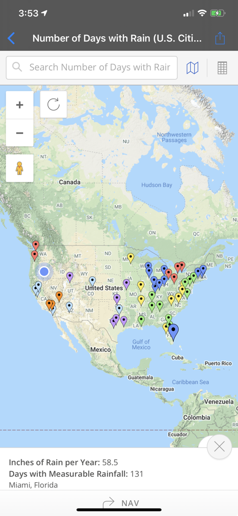 BatchGeo - A map of the United States in the BatchGeo app showing colored markers for rainfall data with details for Miami Florida