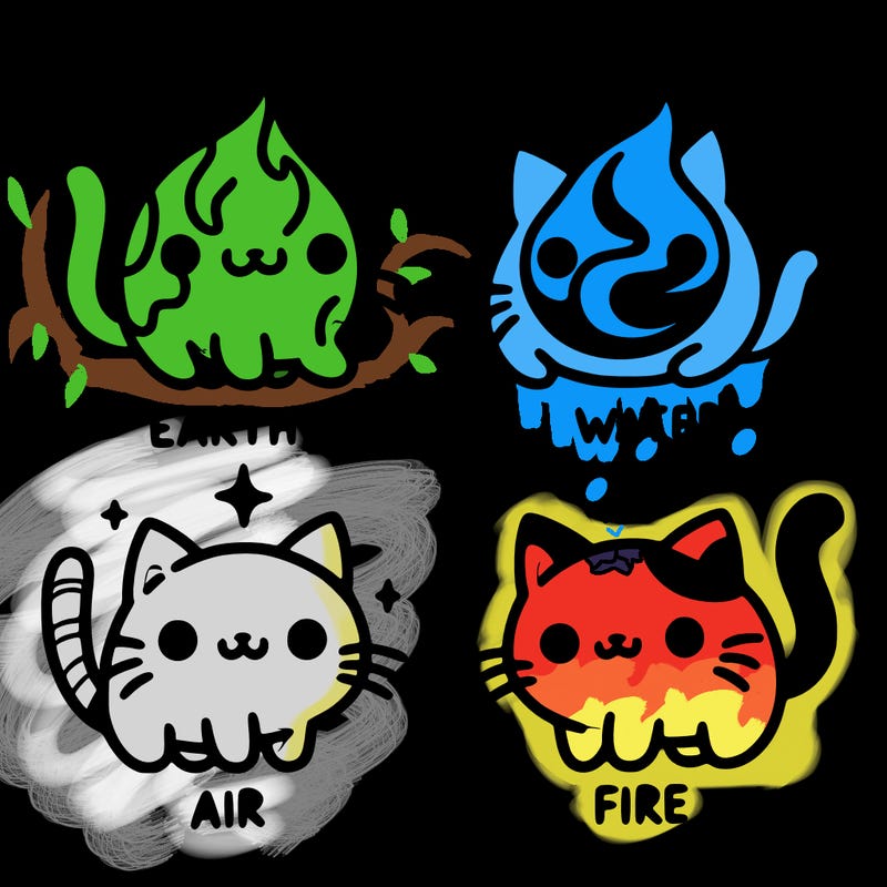 4 cats that represent the different elements, earth, water, air, and fire