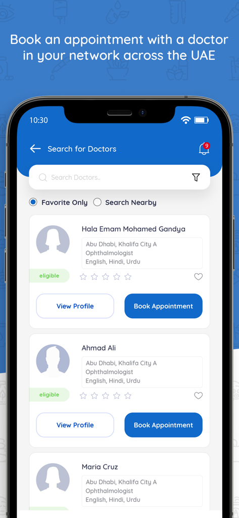 myNAS App - Schermata dell'app myNAS che mostra i risultati della ricerca per i medici con opzioni per prenotare appuntamenti.
