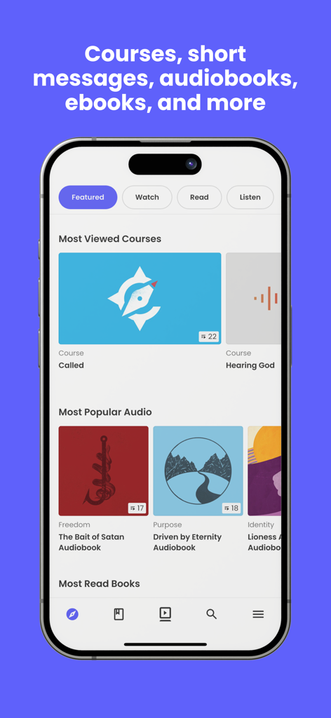 MessengerX app featured library screen showcasing spiritual courses and popular audiobooks like The Bait of Satan.