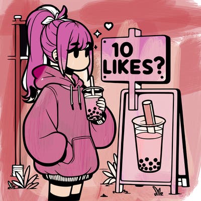 girl with oversized hoodie drinking boba and she has a high ponytail with a sign that says 10likes?
