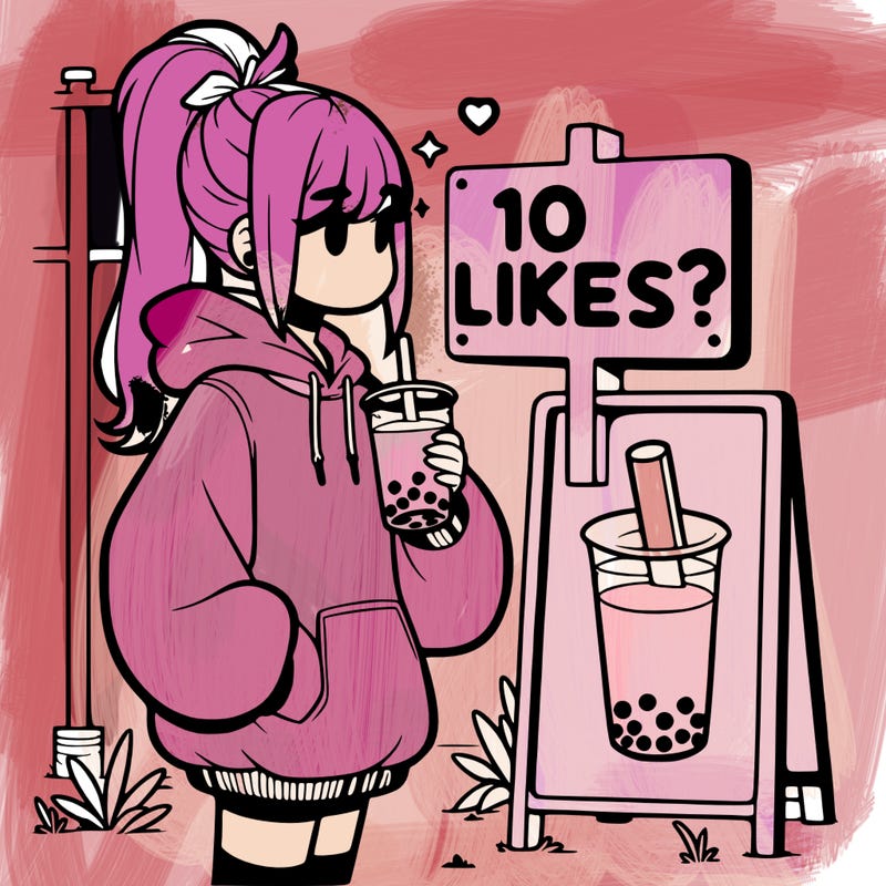 girl with oversized hoodie drinking boba and she has a high ponytail with a sign that says 10likes?