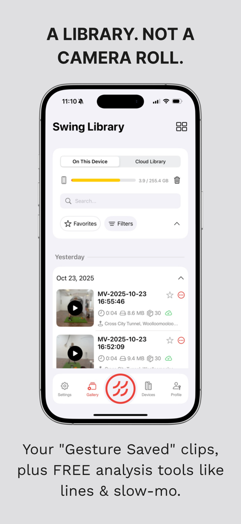 Mirror Vision app interface showing the swing library with recorded golf video clips and storage information