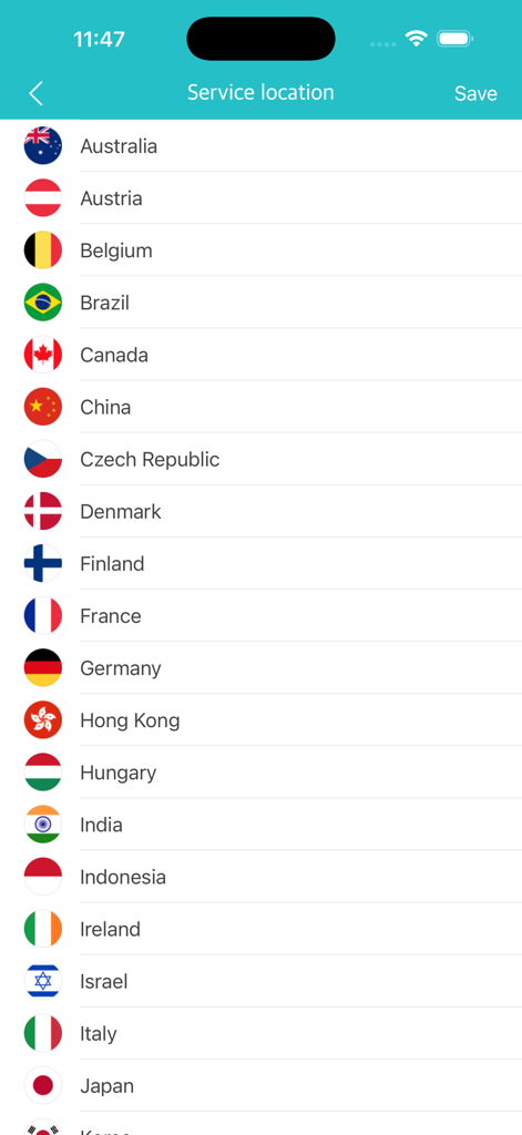 Uma lista de países e suas bandeiras na tela de localização de serviço do aplicativo