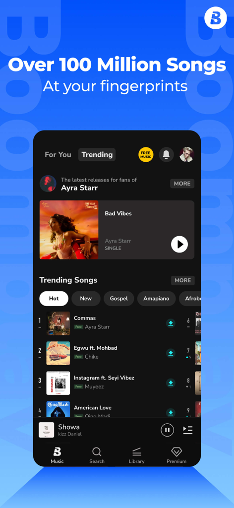 Boomplay Lite：Music Player Pro - Boomplay Lite Musik-Player-Oberfläche, die trendige Songs und Künstler wie Ayra Starr zeigt.
