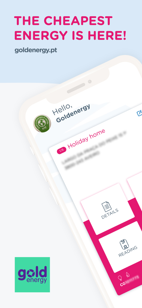 Goldenergy - Goldenergy App-Oberfläche auf einem Smartphone mit Details zu Stromverträgen für Haushalte und Übermittlung von Zählerständen
