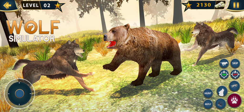 The Wolf Life Survival - Two wolves facing a large bear in a forest from The Wolf Life Survival simulator game.