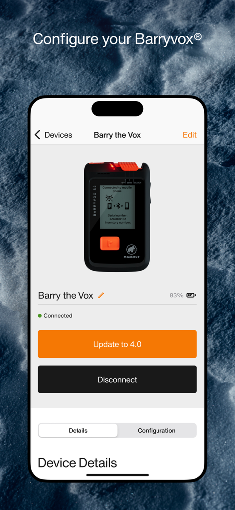 Barryvox® Mammut - Barryvox Mammut mobile app screen showing a connected avalanche transceiver with a firmware update notification.