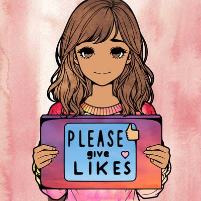 realistic girl that is holding a sign that says please give likes