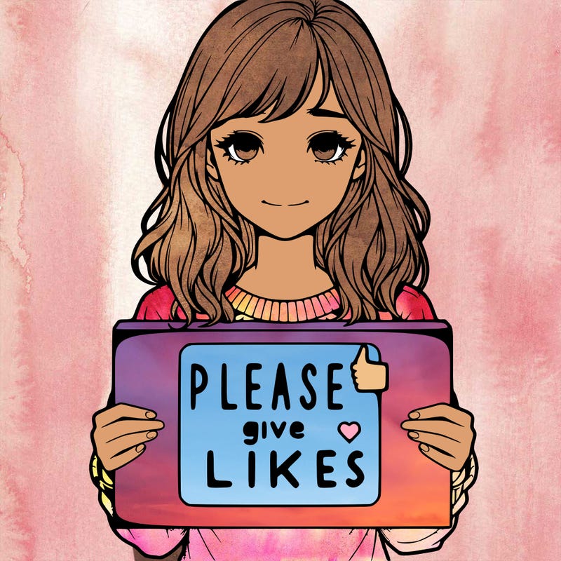realistic girl that is holding a sign that says please give likes
