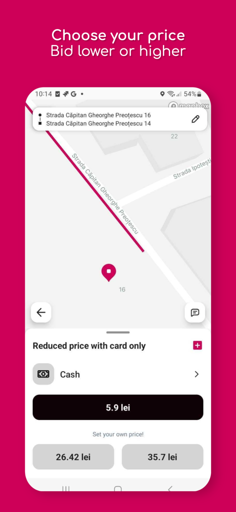 Hip.car  (ex iTaxi) - Captura de tela do aplicativo Hip.car mostrando um mapa e opções para oferecer lances em preços de carona