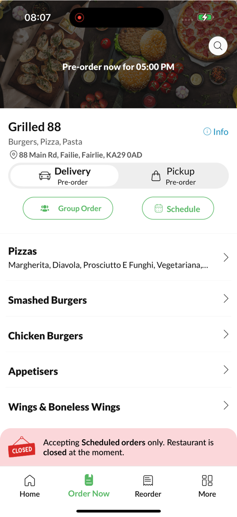 Grilled 88 Fairlie - Main menu screen of the Grilled 88 Fairlie app showing food categories including pizzas and smashed burgers.