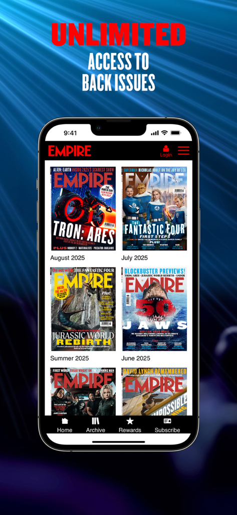 Empire Magazine - Der Archivbereich der Empire Magazine App mit Titelseiten großer Blockbuster-Filme.