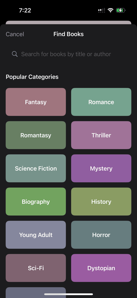 Book Nook - My Digital Library - Find books screen in the Book Nook app showing popular categories and a search bar