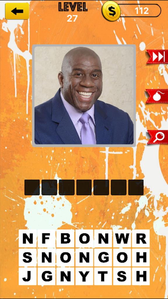 A screenshot of the Basketball Super Star Trivia Quiz app showing a level featuring NBA legend Magic Johnson.