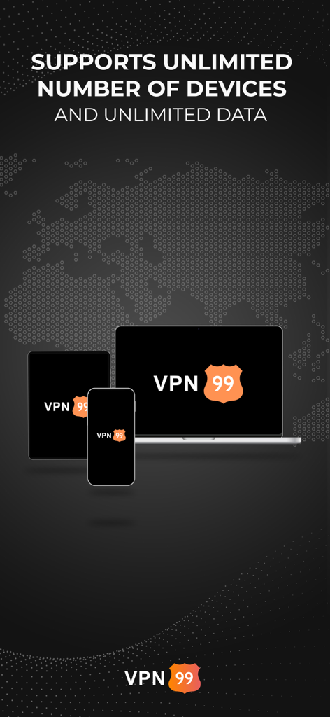 Interfaccia VPN99 che mostra il supporto per un numero illimitato di dispositivi e dati su laptop, tablet e smartphone