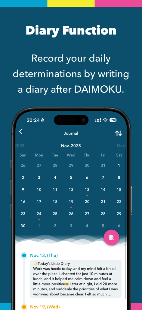 DAIMOKU PRO | SGI DAIMOKU SNS - A smartphone showing the diary and journal function of the Daimoku Pro app with a calendar view and personal notes