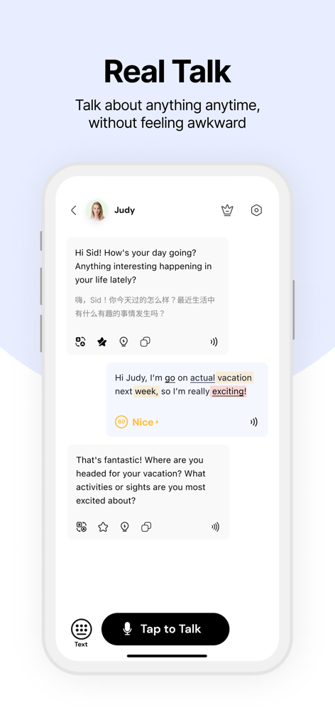 TalkLingo app interface showing a conversation with an AI tutor providing real-time grammar corrections for English speaking practice.