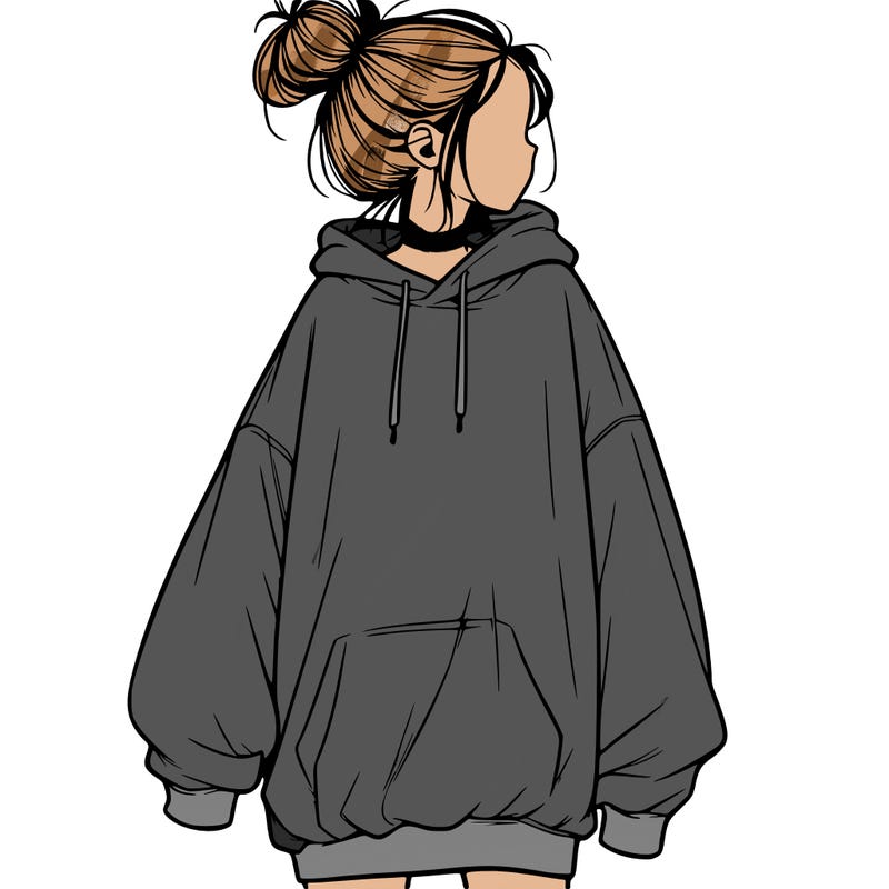 realistic girl with a oversized sweatshirt on and a bun